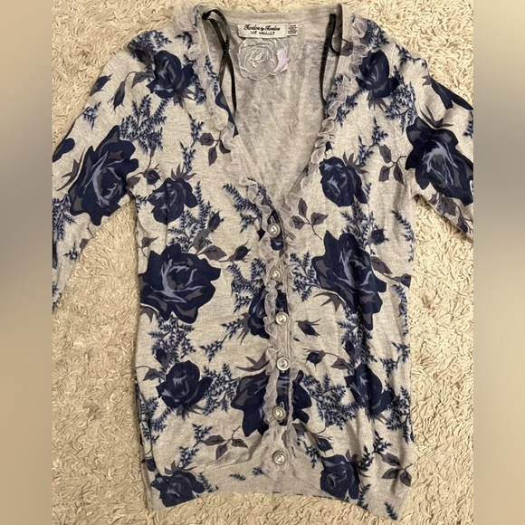 TWELVE BY TWELVE gray blue floral button cardigan sweater medium m - Picture 2 of 8